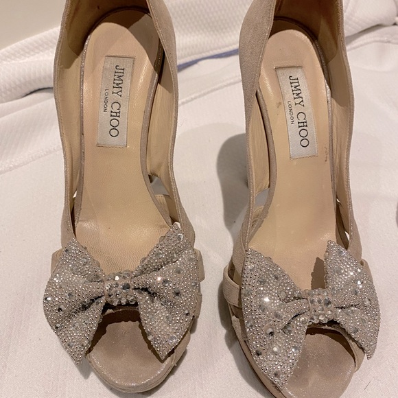 Jimmy Choo Suede Talva Crystal Embellished Bow Peep Toe Pumps - Picture 1 of 4